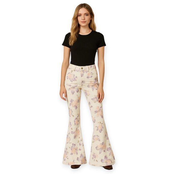 Free People Cream Lavender Floral Bohemian Flare Jeans Size 28 Phoebe Buffay - Picture 14 of 14